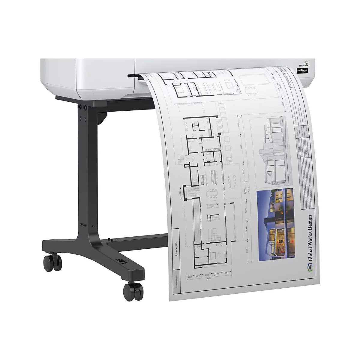 Großer, weißer Plotter druckt einen Bauplan. Der Plan zeigt Grundrisse und eine Gebäudevisualisierung. Der Plotter steht auf einem schwarzen, rollbaren Gestell.