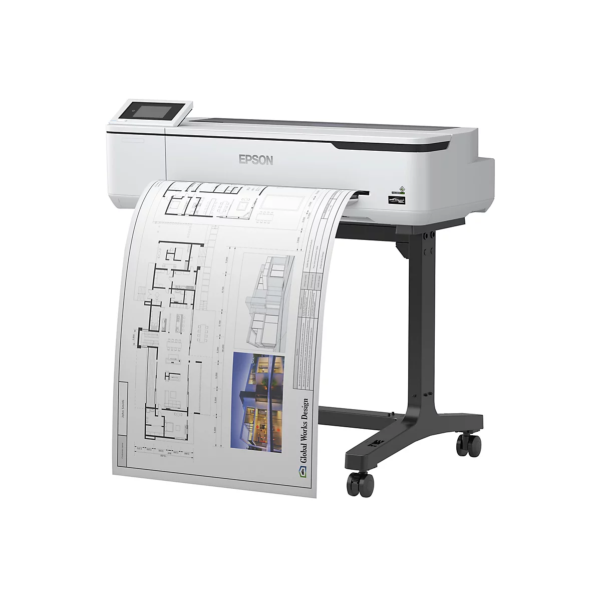 Ein weißer Großformatdrucker mit einer herausragenden Blaupause mit Hausgrundrissen, bedruckt mit technischen Spezifikationen und dem Logo "Global Works Design".