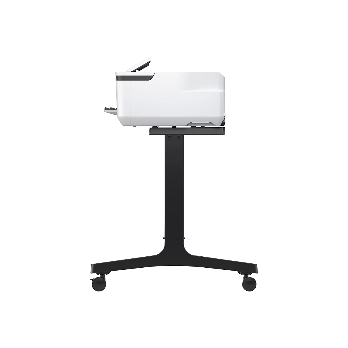 Ein weißer Drucker auf einem schwarzen Rollwagen, isoliert auf weißem Hintergrund. Der Drucker hat eine flache Oberseite und eine vertikale Klappe.