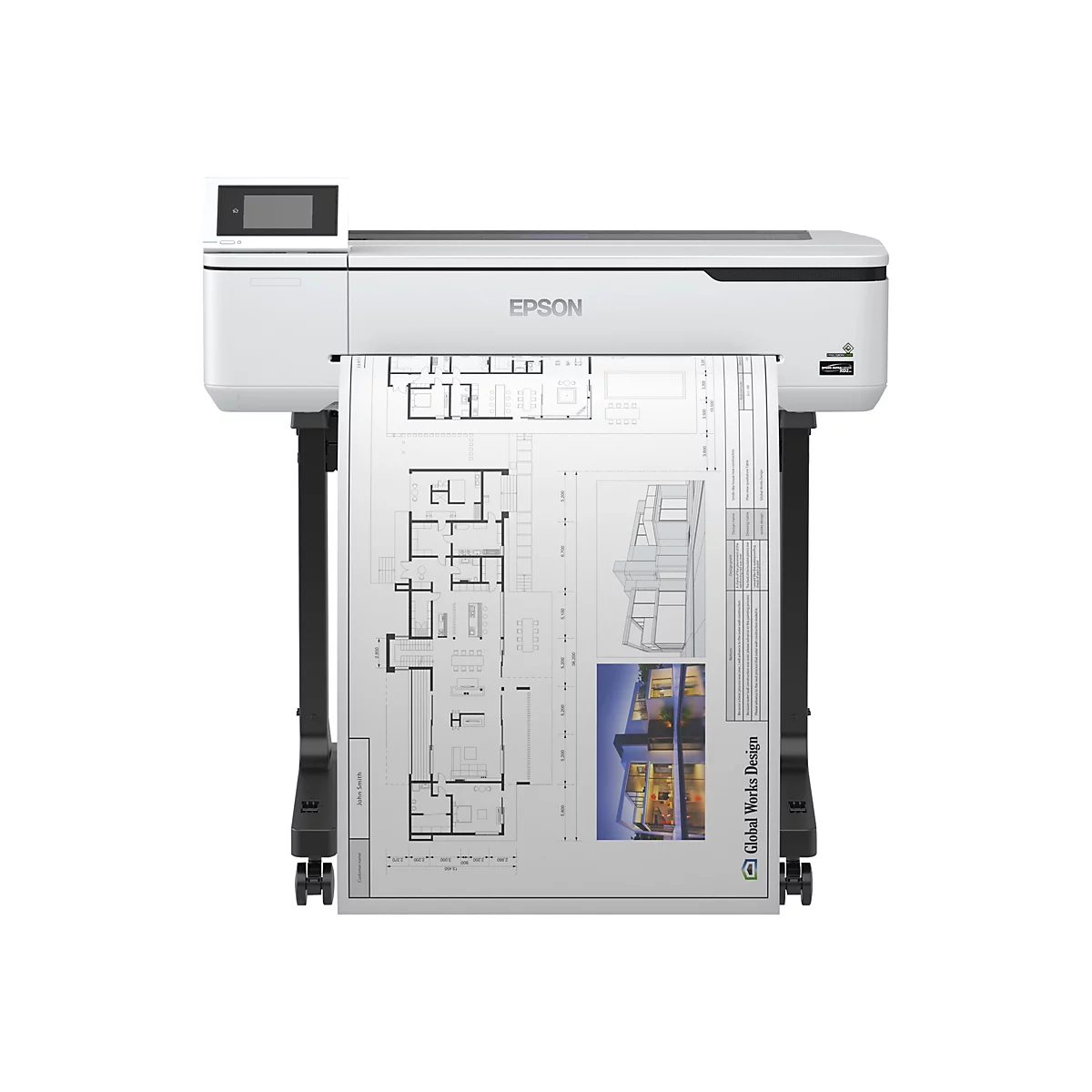 Ein weißer Großformatdrucker von Epson, der ein blaupausenähnliches Architektur-Diagramm ausdruckt. Das Diagramm zeigt Grundrisse, Ansichten und Beschriftungen.