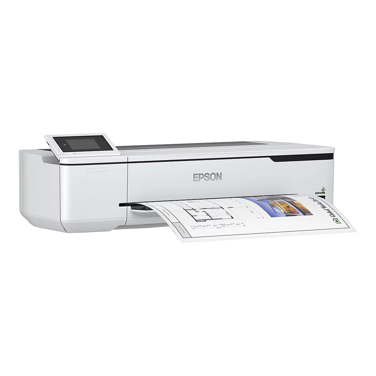 Ein weißer Drucker druckt eine blau-weiß-skizzierte Zeichnung. Auf dem Drucker steht das Logo von Epson.