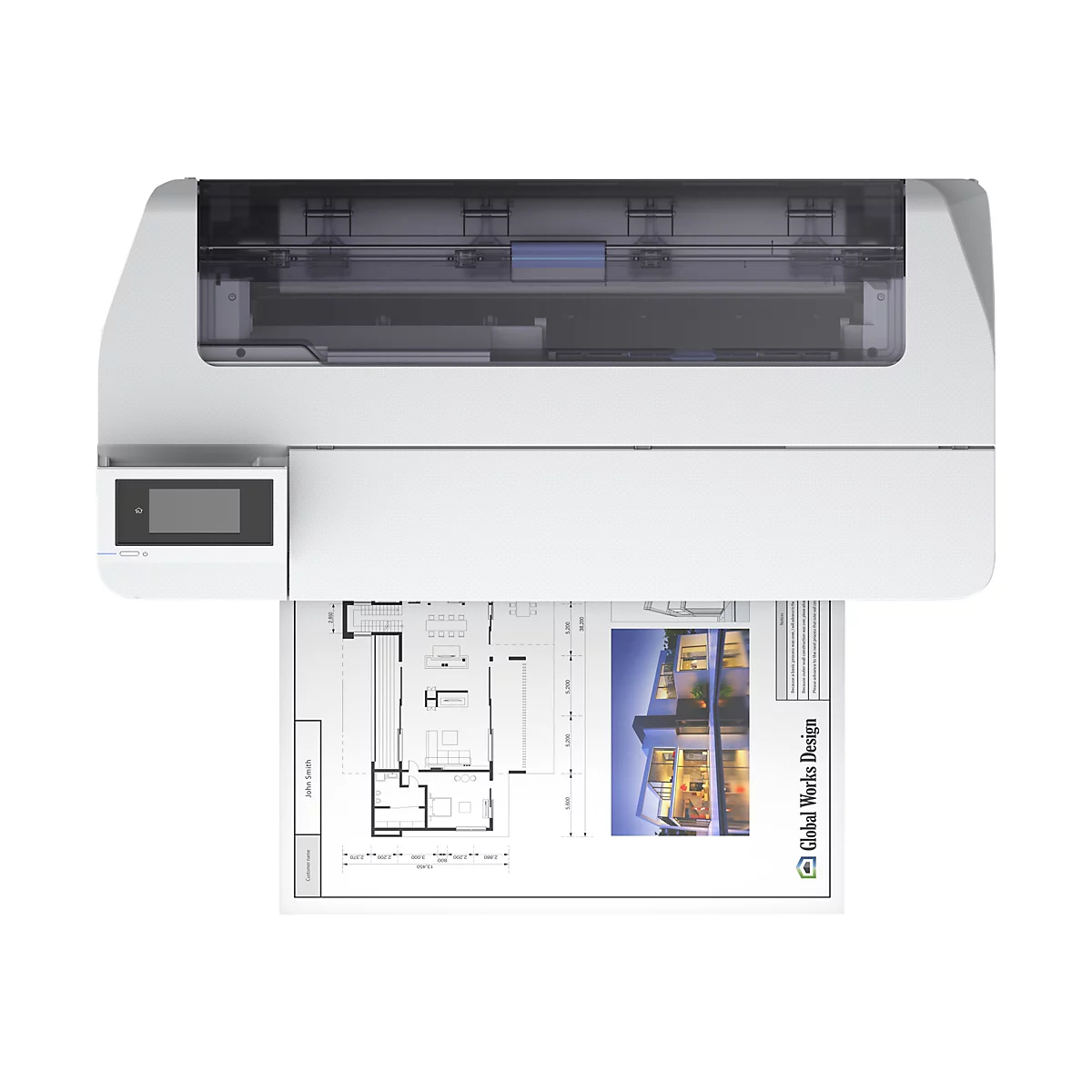 Ein Drucker druckt einen Grundriss mit dem Logo "Global Works Design".