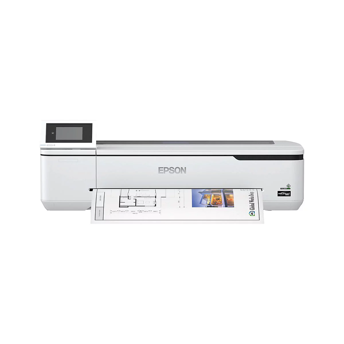 Ein weiÃŸer Epson-Drucker druckt ein Dokument mit PlÃ¤nen. Auf dem Drucker ist ein Bildschirm zu sehen.