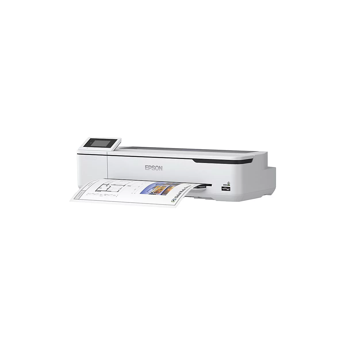 WeiÃŸer Drucker mit ausgedrucktem Plan. Das Epson-Logo ist sichtbar.