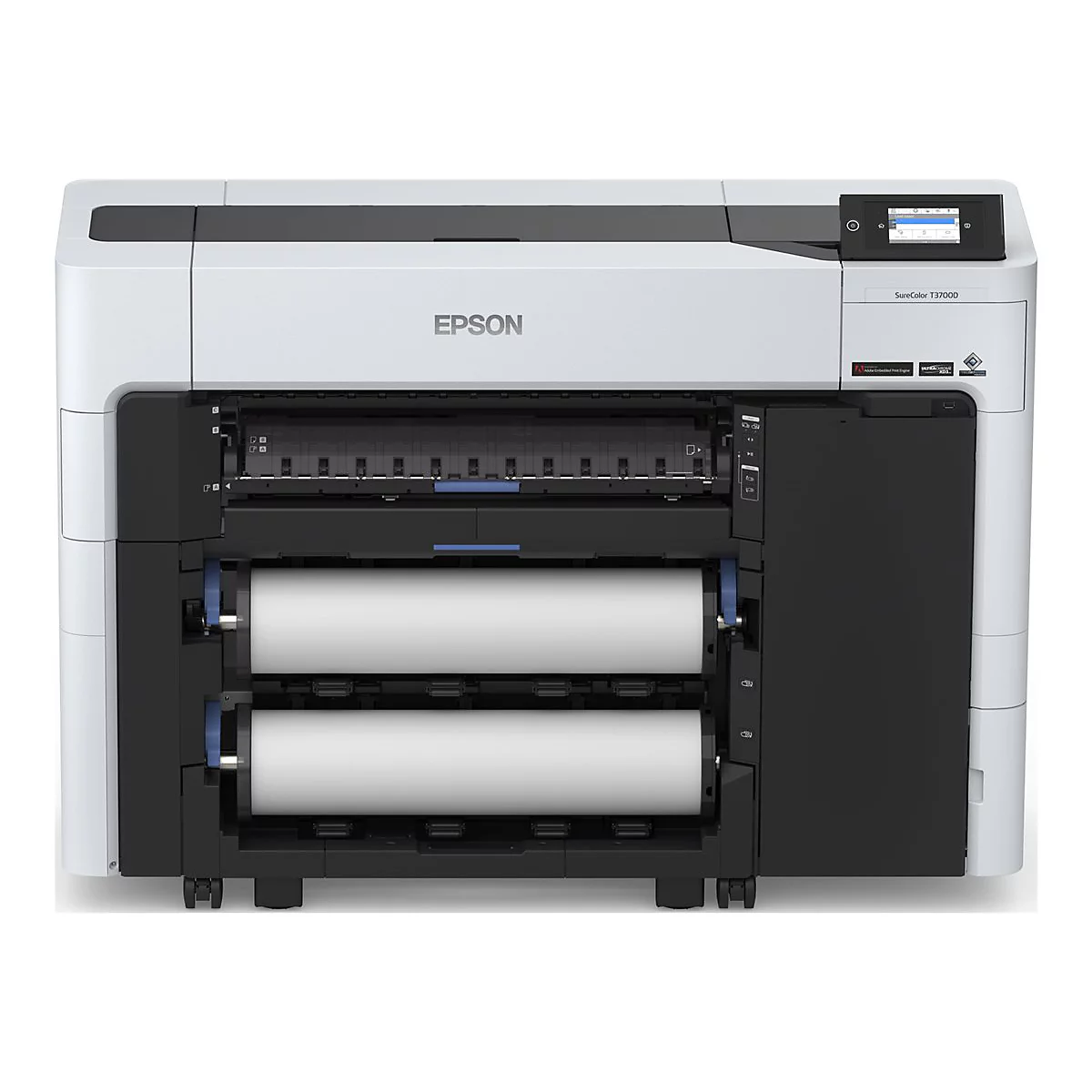 WeiÃŸer Epson-Drucker mit schwarzem Element. Zwei Papierrollen unten. Bedienfeld rechts oben. Aufschrift Epson.