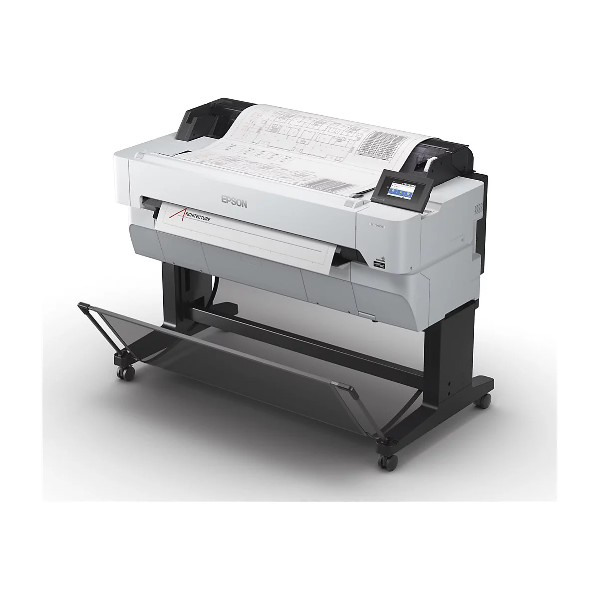 Grande imprimante blanche et grise avec des accents noirs. L'appareil est posé sur un cadre noir à roulettes, un plan est en cours de sortie.