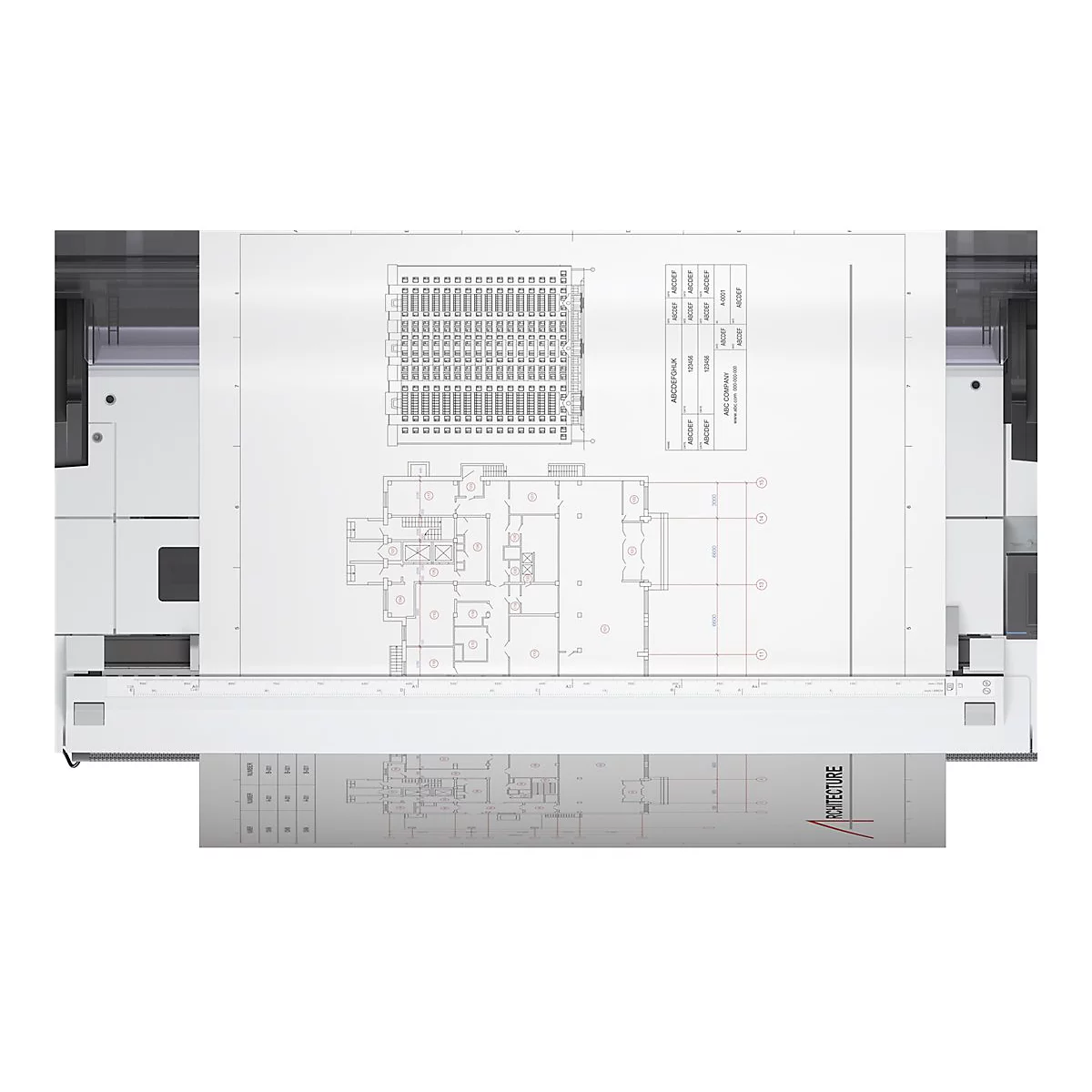 Grande imprimante blanche imprimant un plan d'étage. Le plan montre la disposition et les dimensions du bâtiment. "Architecture" est écrit en bas.