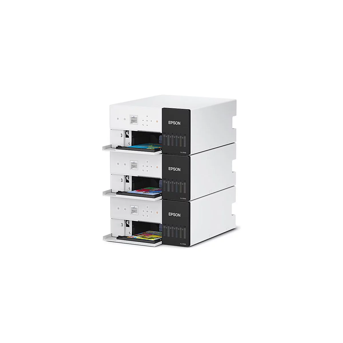 Drei gestapelte weiße Epson Discproducer SL-0500 Geräte mit schwarzen Frontblenden und offenen Schubladen.