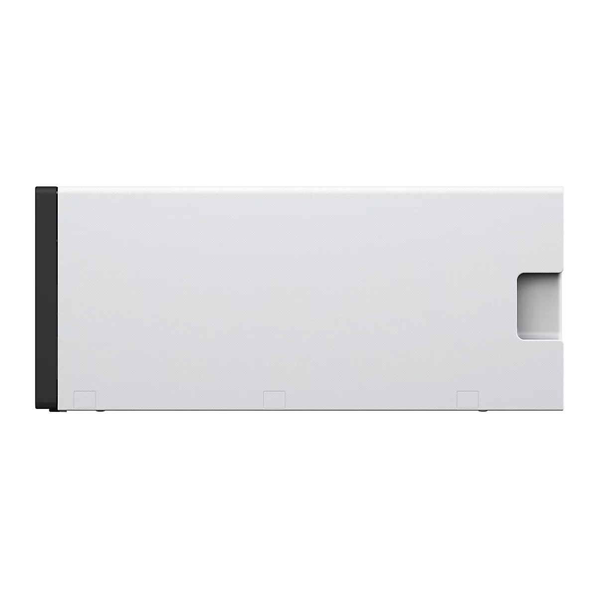 Ein graues elektronisches Gerät, rechteckig, mit einem schwarzen Rand an der linken Seite. Es hat eine strukturierte Oberfläche mit einer Aussparung.