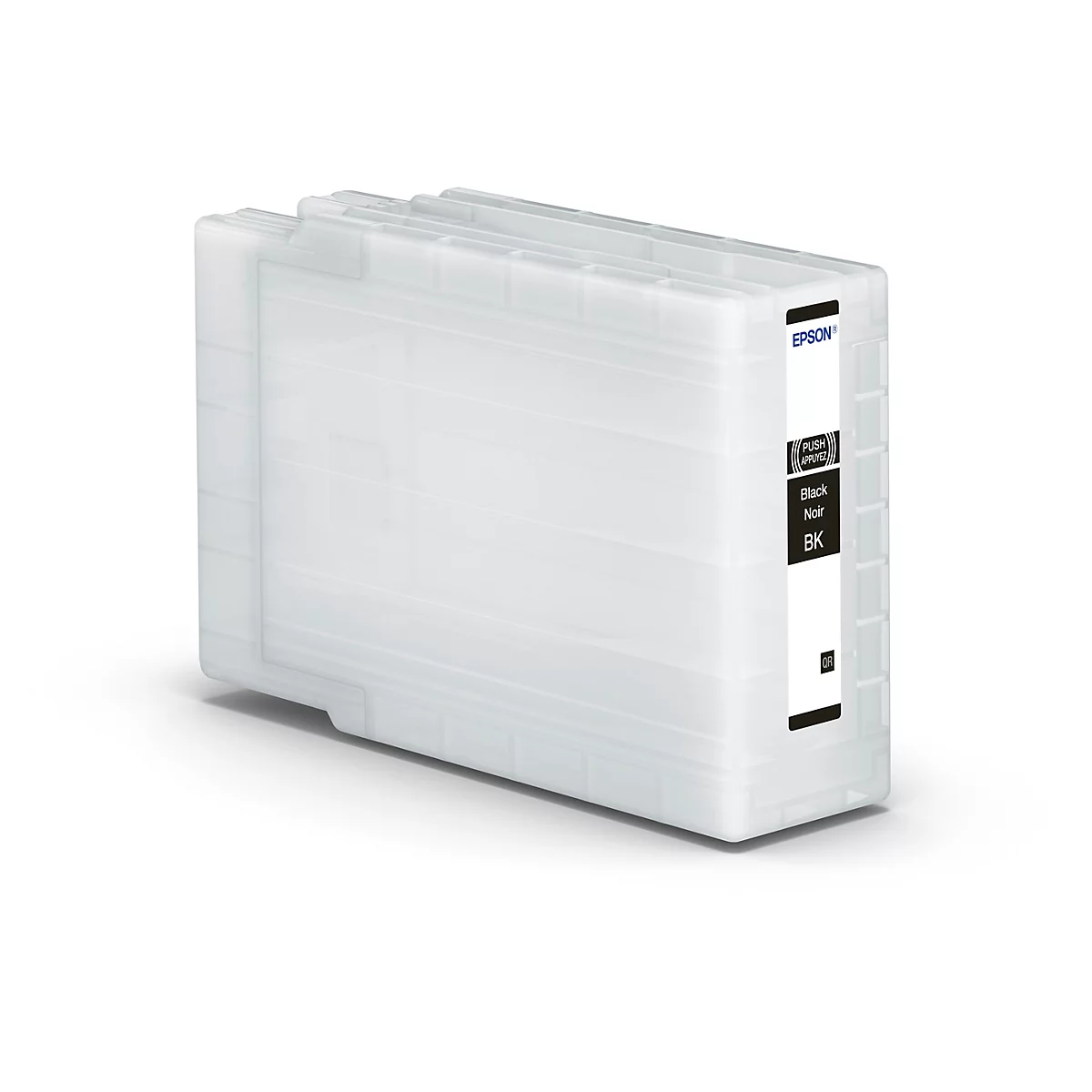Hellgraue Druckerpatrone. Aufschrift: Schwarz/Noir/BK. Logo Epson.