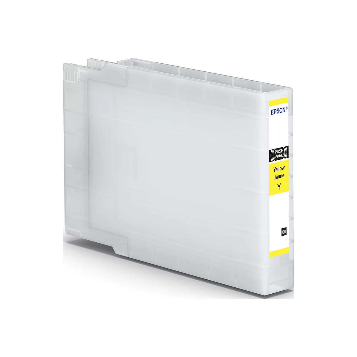 Gelbe Tintenpatrone von Epson. Aufdruck: Gelb, Jaune, Y, QR-Code.