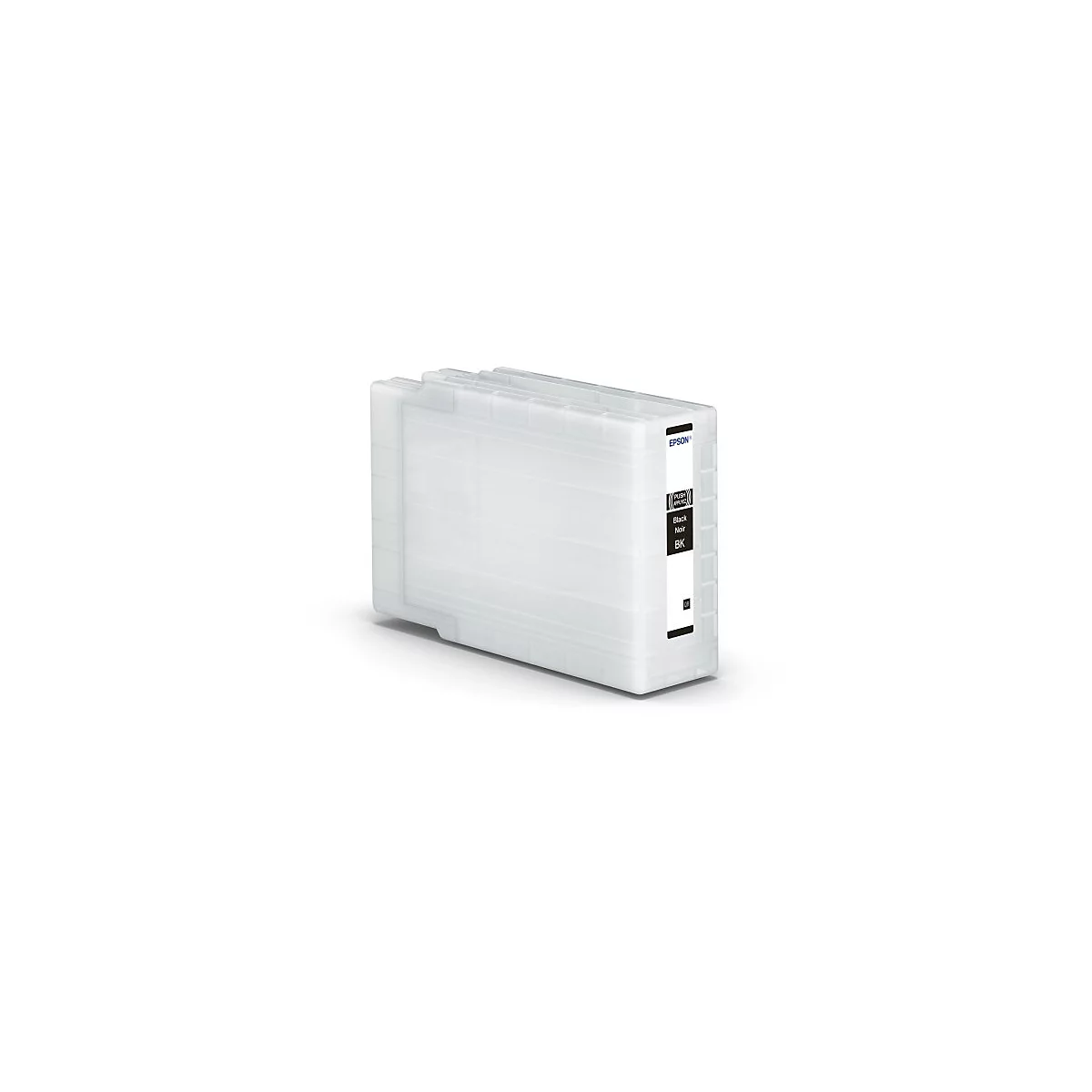 Eine weiße Tintenpatrone mit „Epson“-Logo und Label mit „Black, Noir, BK“.