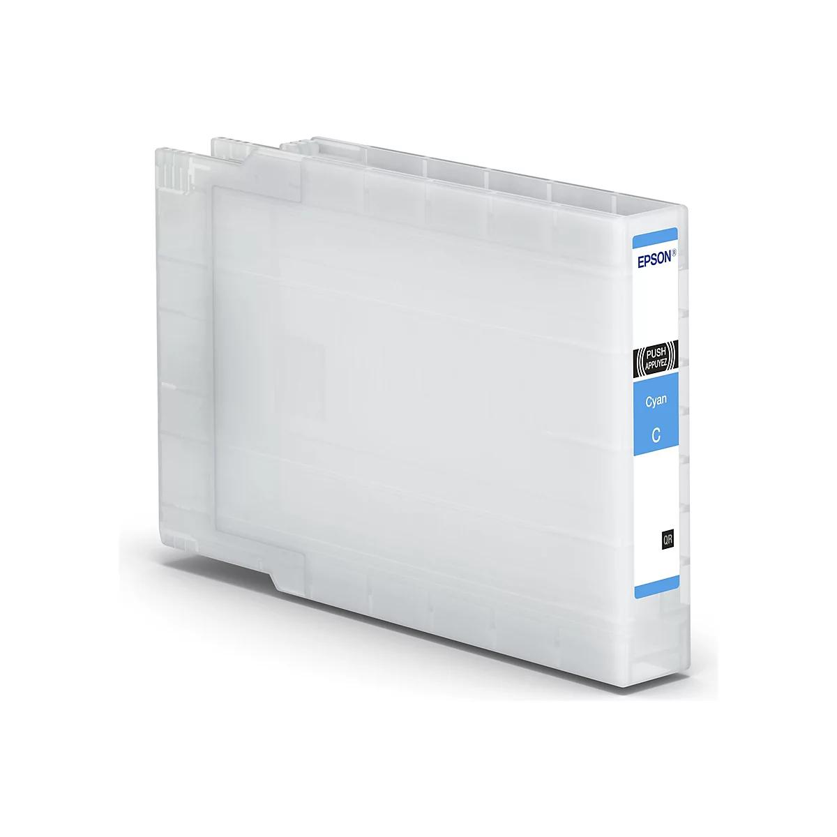 Hellblaue Tintenpatrone mit dem Label "Cyan" und Epson-Logo auf weißem Hintergrund.