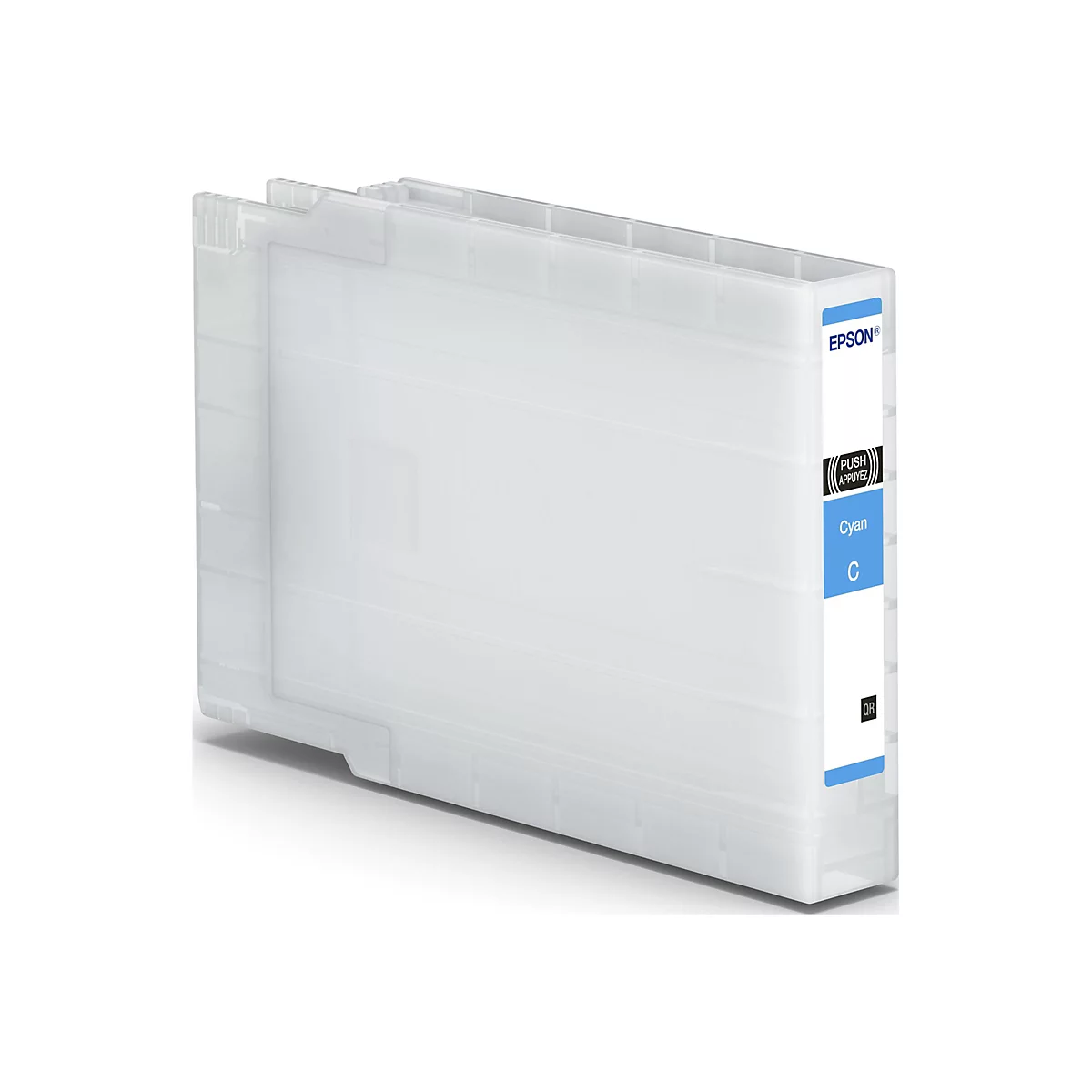 Hellblauer Tintenpatronenbehälter mit "Cyan" Beschriftung, "C" und "Epson" Logo.