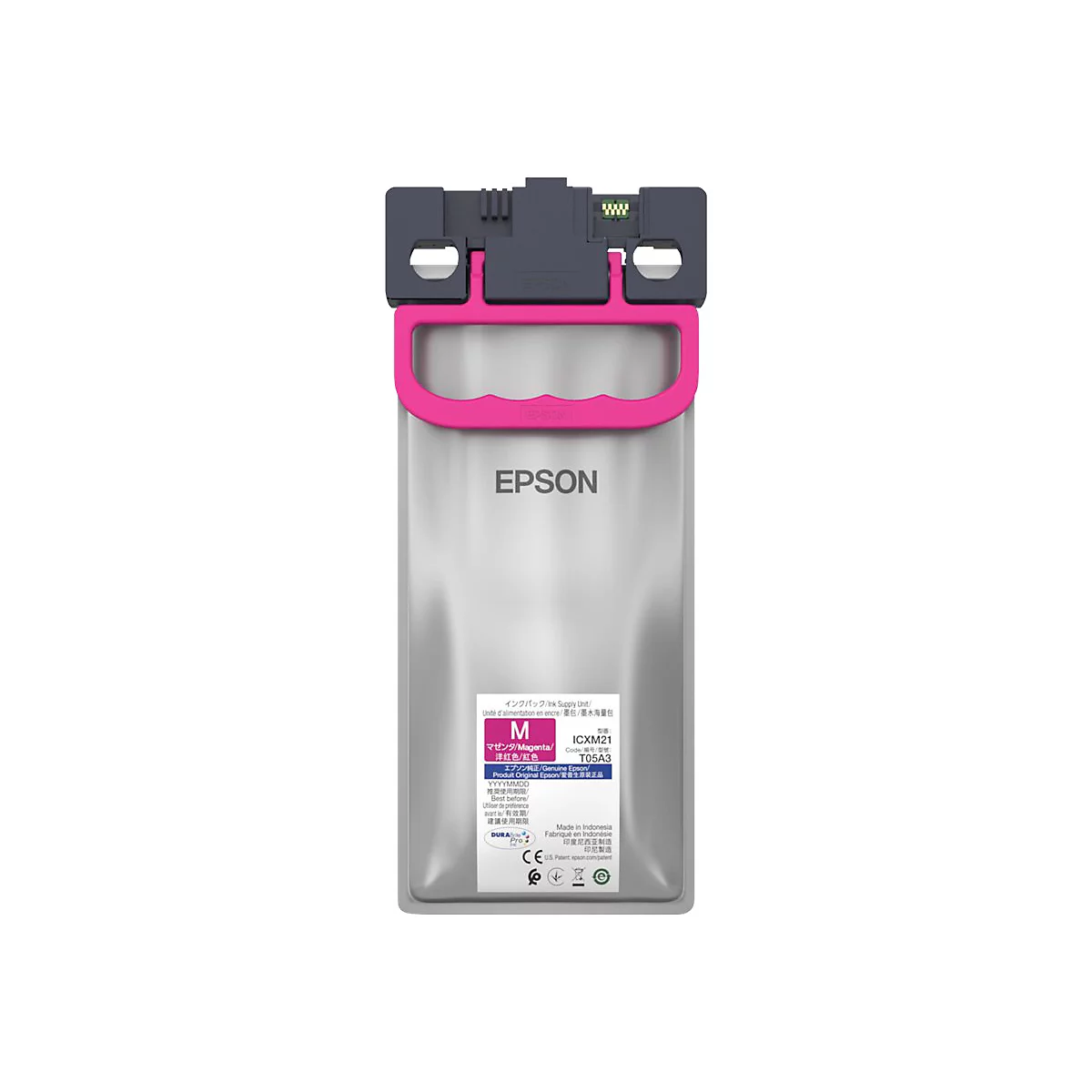 Eine Tintenpatrone der Marke Epson, hauptsächlich in Silber und Pink gehalten. Auf der Patrone befinden sich verschiedene Schriftzüge in mehreren Sprachen.