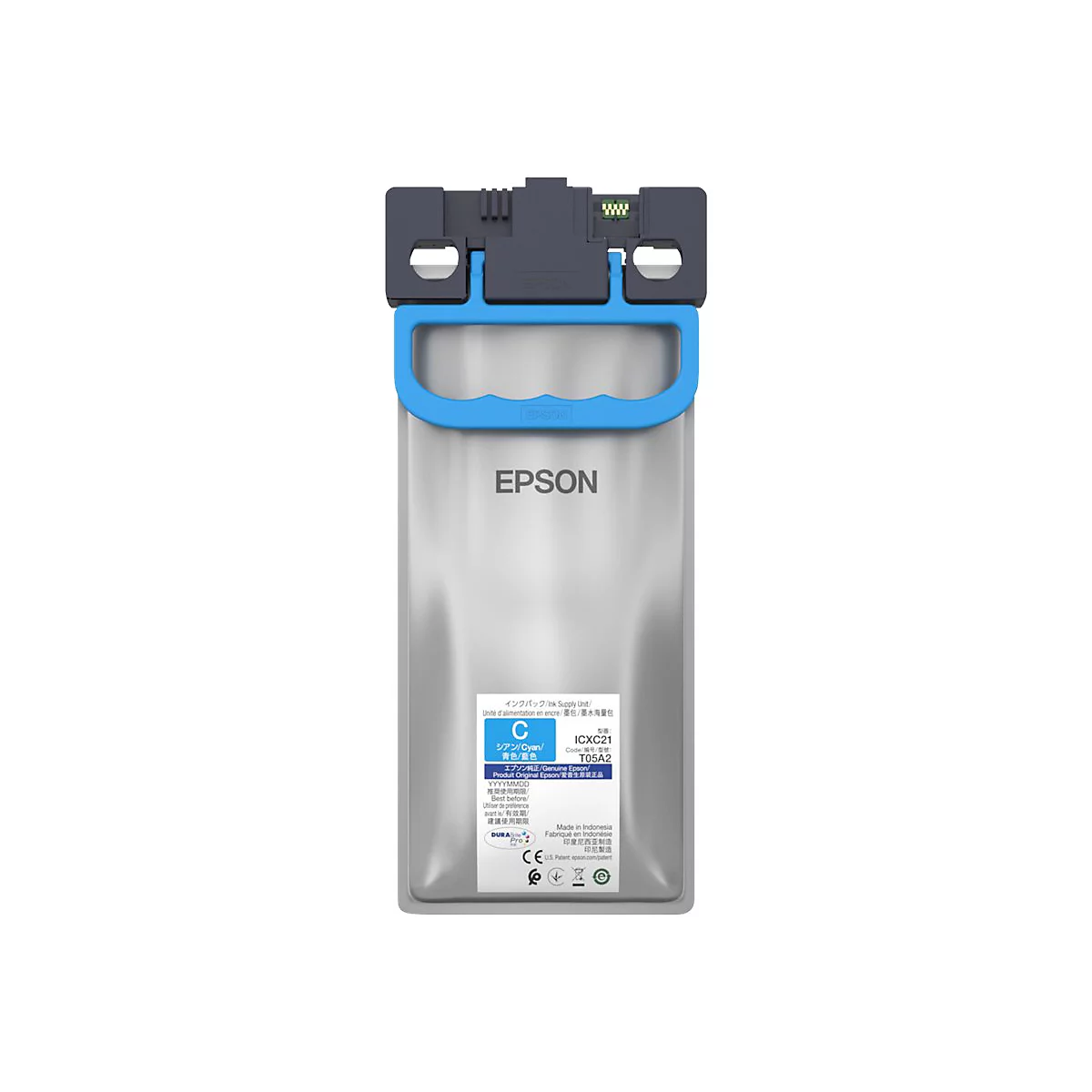 Eine Epson Tintenpatrone in Cyan, mit blauem Griff und Logo. Aufkleber mit Produktinformationen.