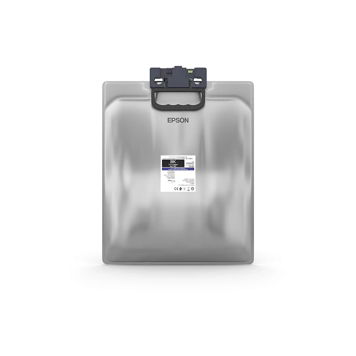 Grauer Epson Tintenbehälter, mit schwarzem Griff und Beschriftungen. Ein Etikett zeigt Produktinformationen, BK und ICXBK20.