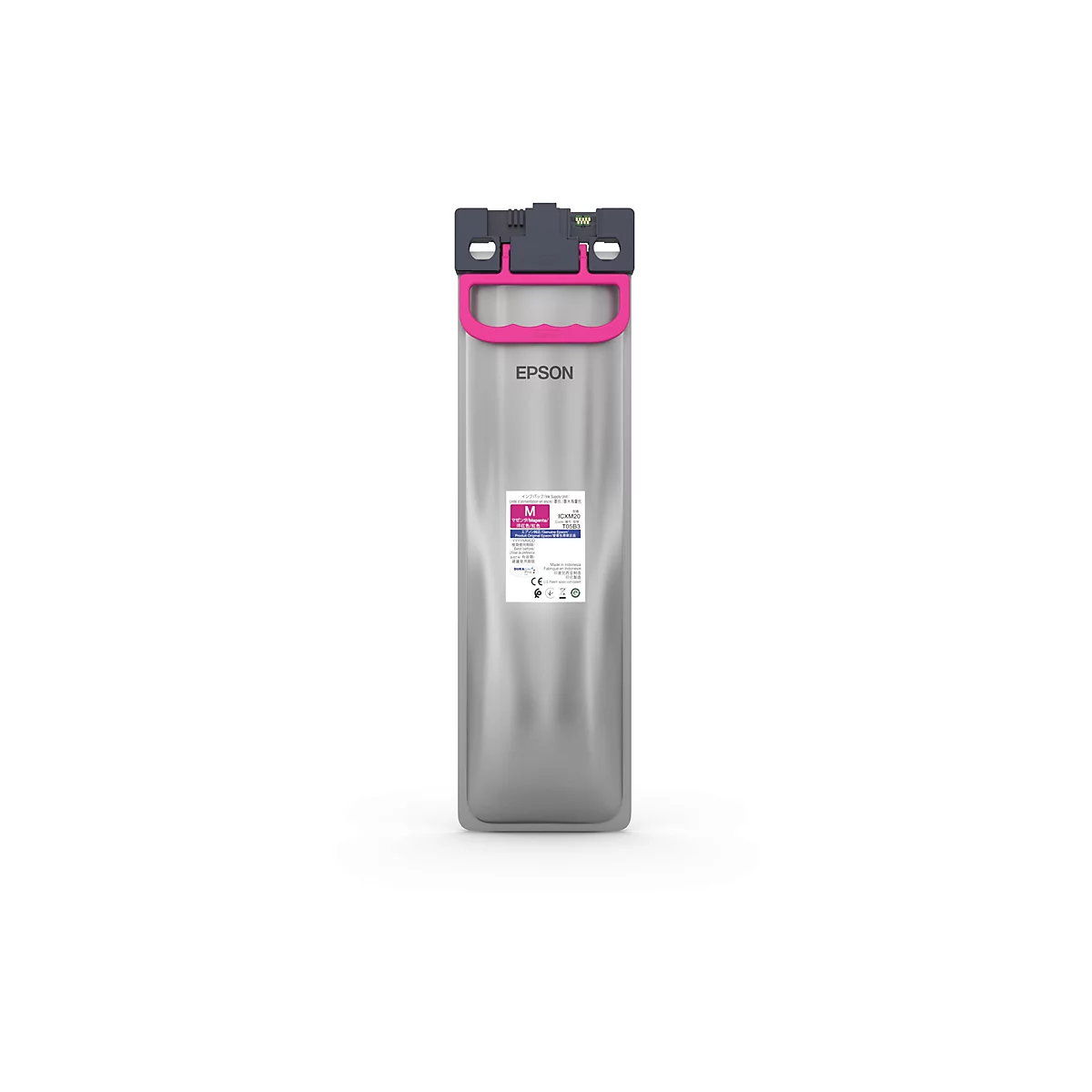 Magenta Tintenpatrone von Epson. Ein grauer Behälter mit rosa Griff und Logo. Aufkleber mit Schrift.