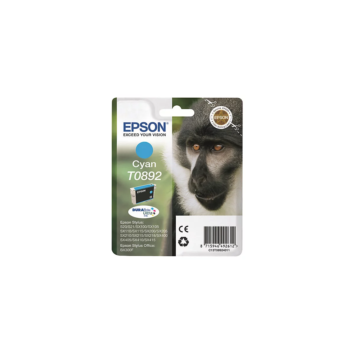 Cyan Druckerpatrone mit dem Bild eines Affen, Text EPSON, Exceed your vision, T0892 und DURABrite Ultra