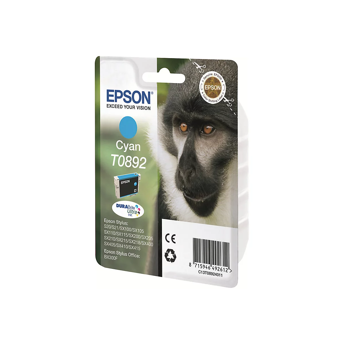 Epson-Tintenpatrone Cyan T0892 in Verpackung mit Affengesicht.