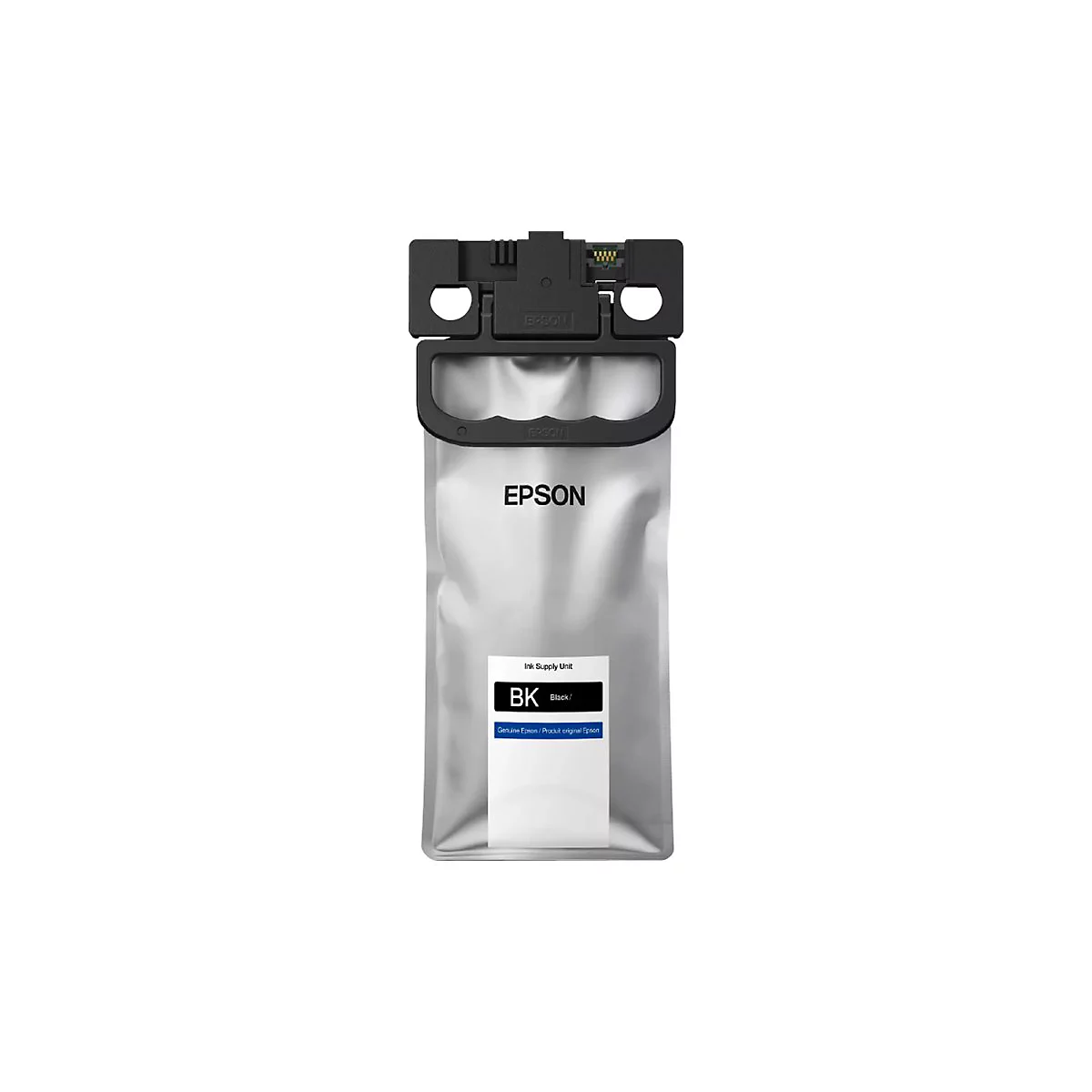 Schwarze Epson Tintenpatrone. Auf weißem Hintergrund. Mit Griff und Etikett.
