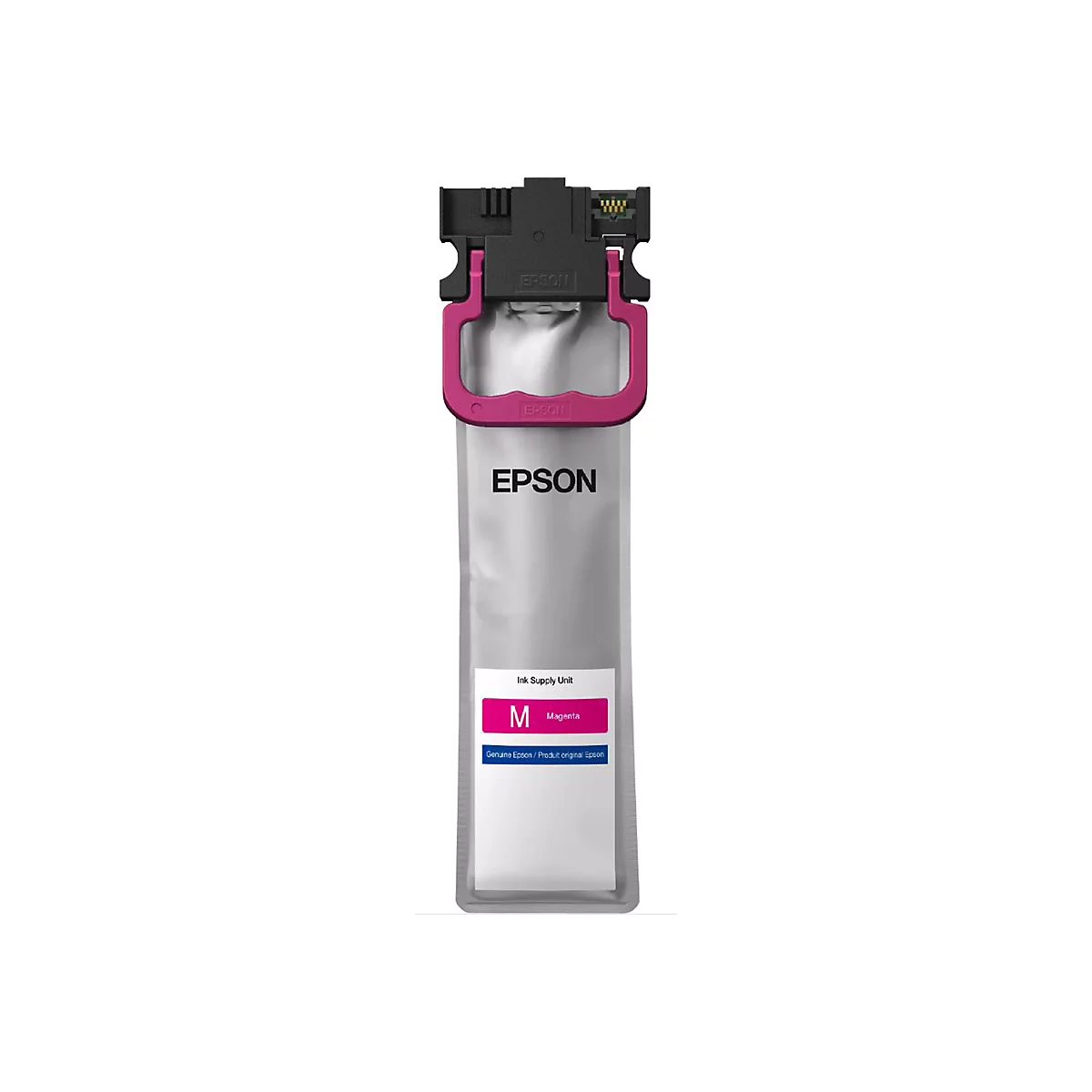 Epson Tintenpatrone, Magenta. Auf weißem Hintergrund. Schwarzer Halter, rosa Griff, silberne Verpackung, Epson-Logo.