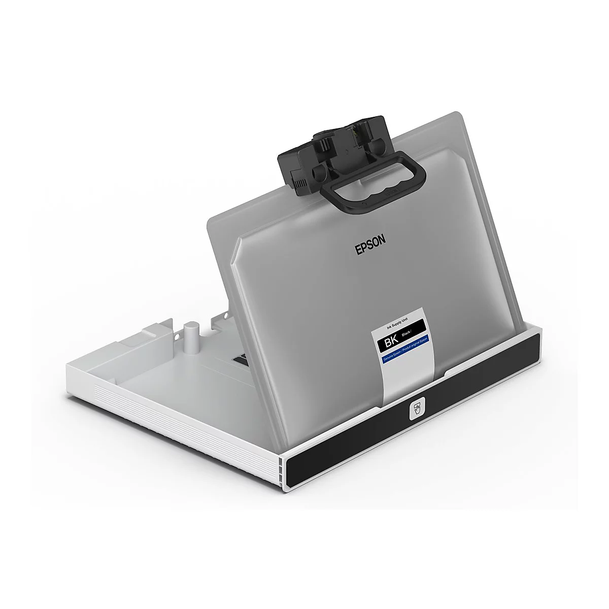 Graue Epson Druckerpatrone, geöffnet, mit Tragegriff und Text 'BK Black'.