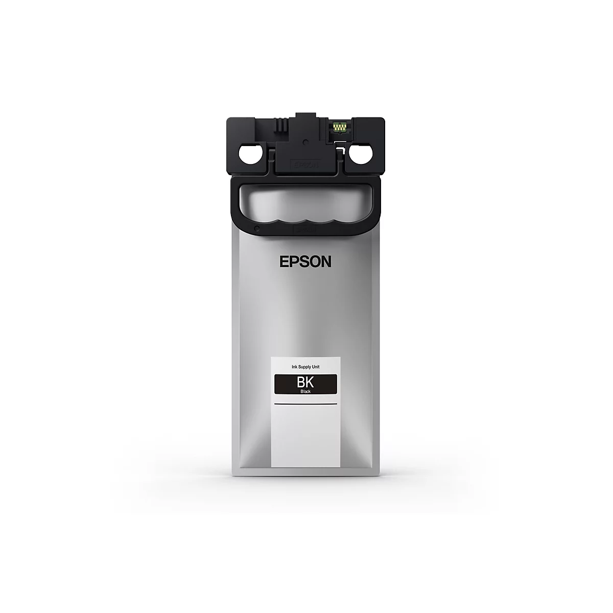 Schwarze Tintenpatrone von Epson; mit dem Epson-Logo und der Aufschrift "Ink Supply Unit BK Black".