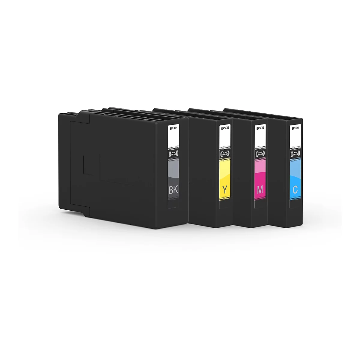 Schwarz, Gelb, Magenta und Cyan Tintenpatronen auf weißem Grund. Auf jeder Patrone steht "EPSON".