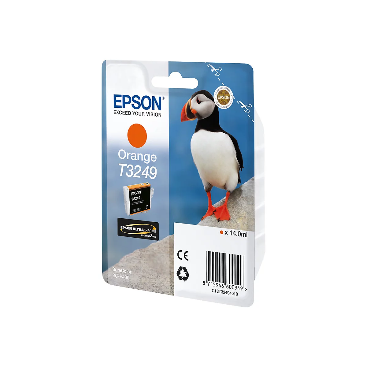 Verpackung Epson T3249 Orange Tintenpatrone. Aufdruck: Papageientaucher, Tintenpatrone, Text.
