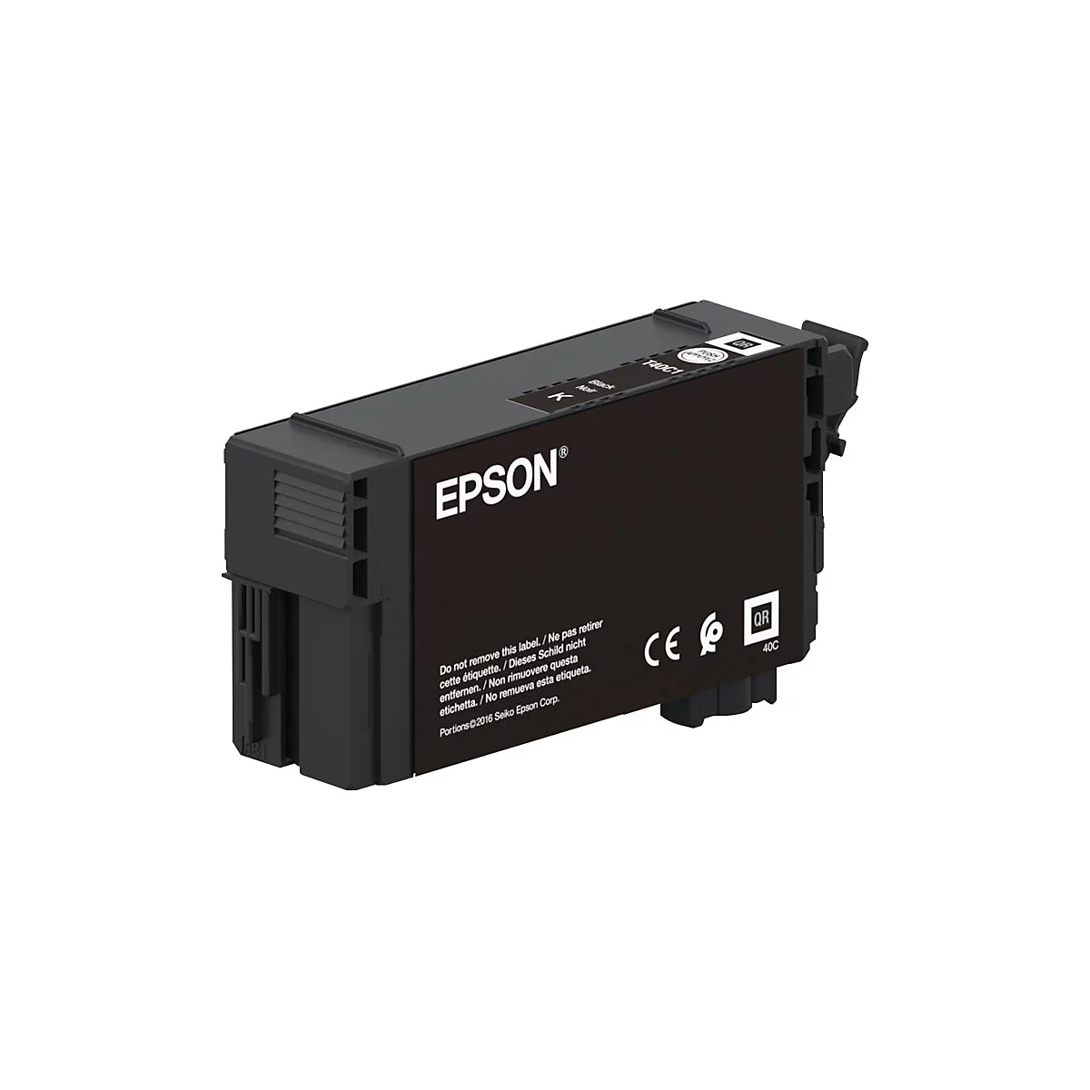 Schwarze Tintenpatrone von Epson mit Aufdrucken und QR-Code, vor weißem Hintergrund.