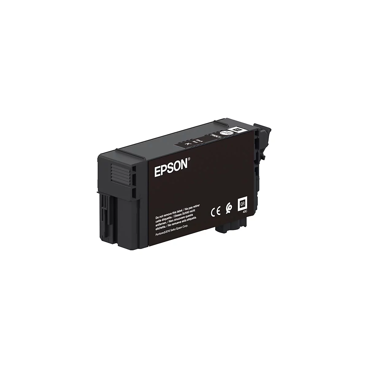 Eine schwarze Tintenpatrone von Epson, mit der Aufschrift Epson und verschiedenen Kennzeichnungen.