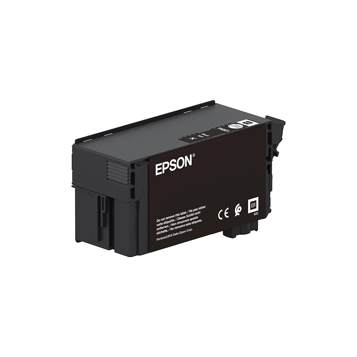 Schwarze Epson Tintenpatrone. Aufschrift: Epson, QR-Code, Modellnummer. Warnhinweis auf der OberflÃ¤che.