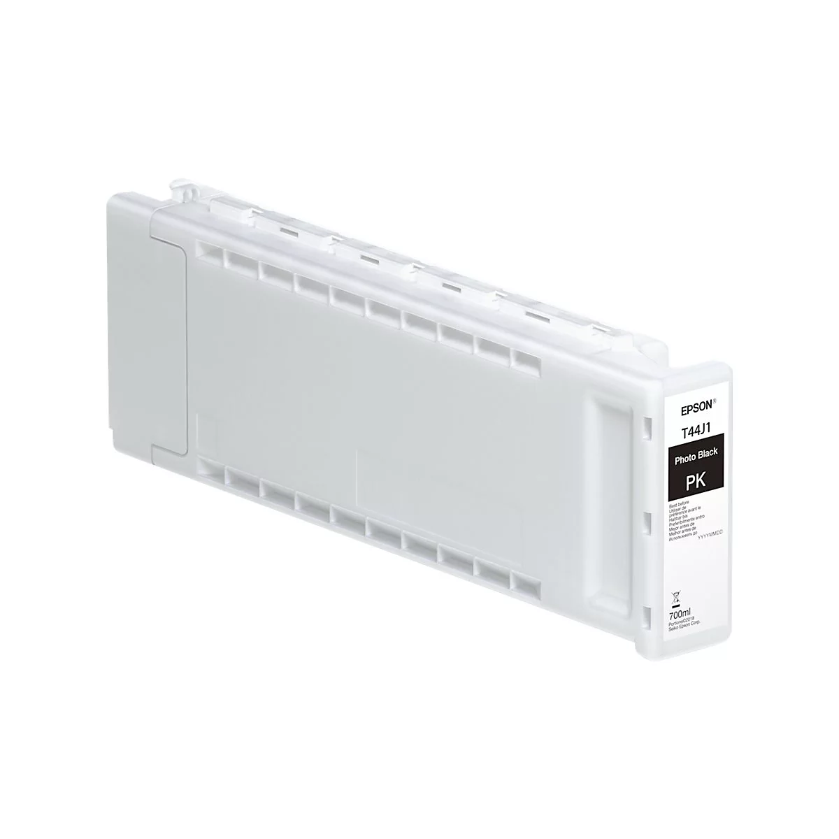 Eine weiÃŸe Tintenpatrone fÃ¼r einen Drucker mit schwarzer Beschriftung. Aufschrift: Epson T44J1 Photo Black PK.