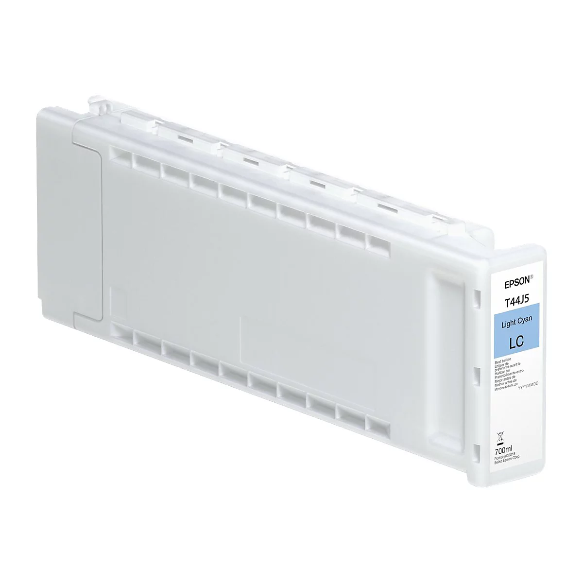 Hellblaue Epson Tintenpatrone, Beschriftung mit Light Cyan. Aufdruck: T44J5, LC, 700ml.