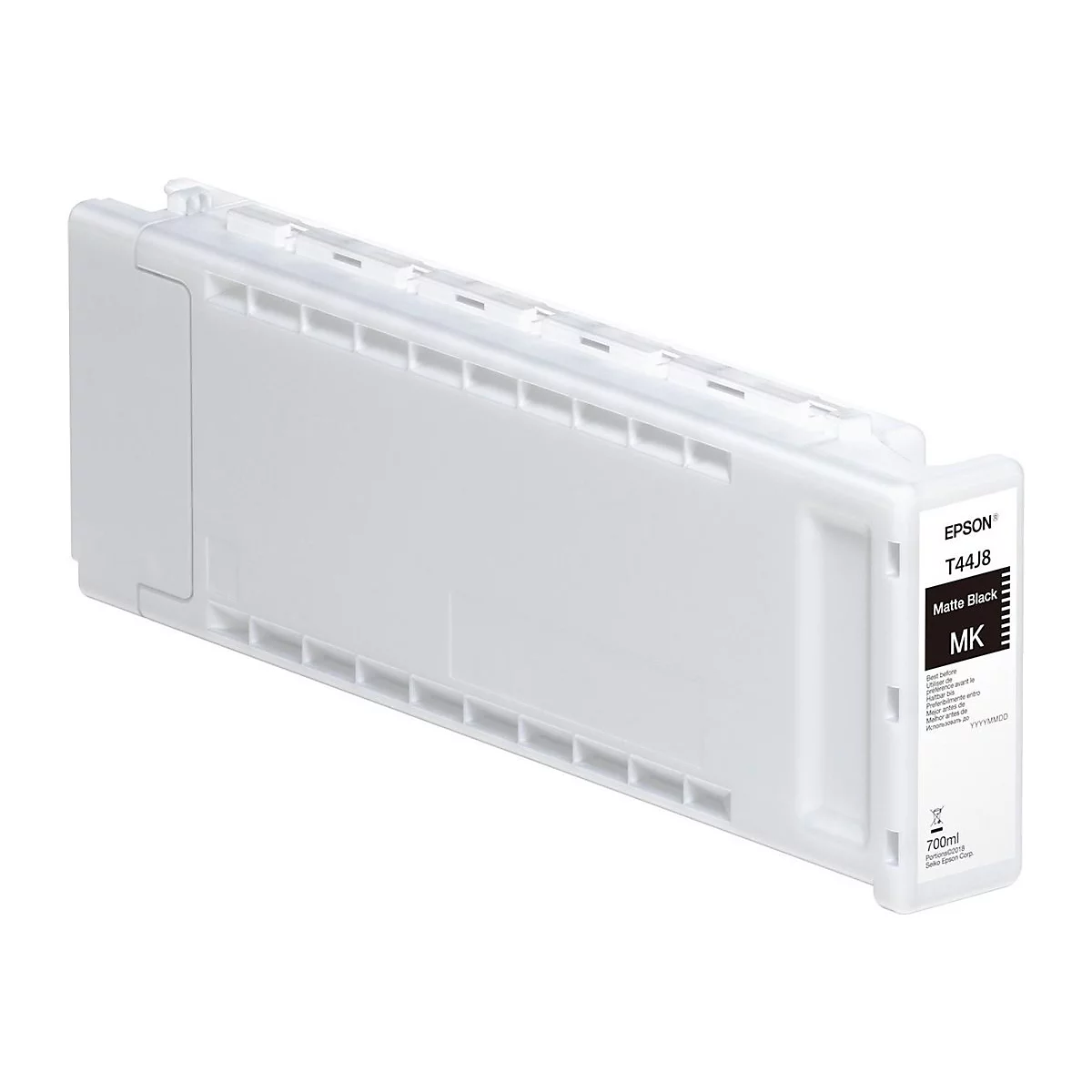 Ein weißer Tintenbehälter mit dem Label "Matte Black MK", Epson-Markenzeichen und Produktbezeichnung T44J8.