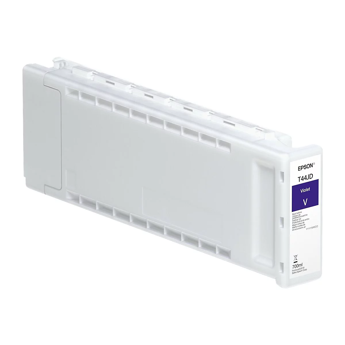Eine weiße Epson Tintenpatrone mit lila Aufkleber, mit der Aufschrift T44JD und Violet.