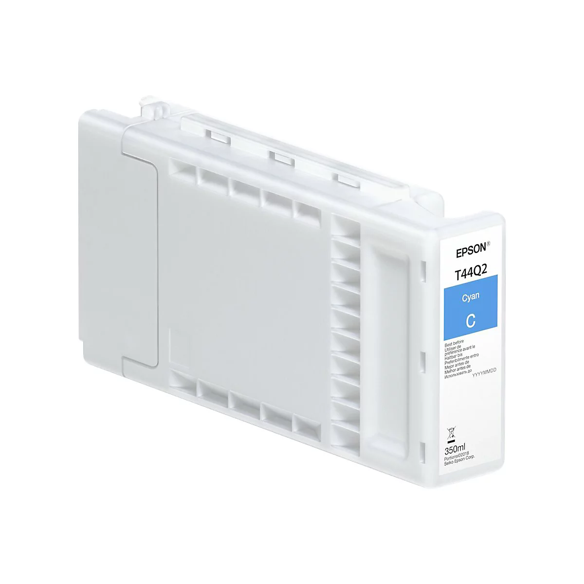 Eine weiße Epson-Tintenpatrone mit „Cyan“ und „T44Q2“-Aufdruck. Eine blaue Fläche kennzeichnet die Farbe. Der Rest des Gehäuses ist weiß.