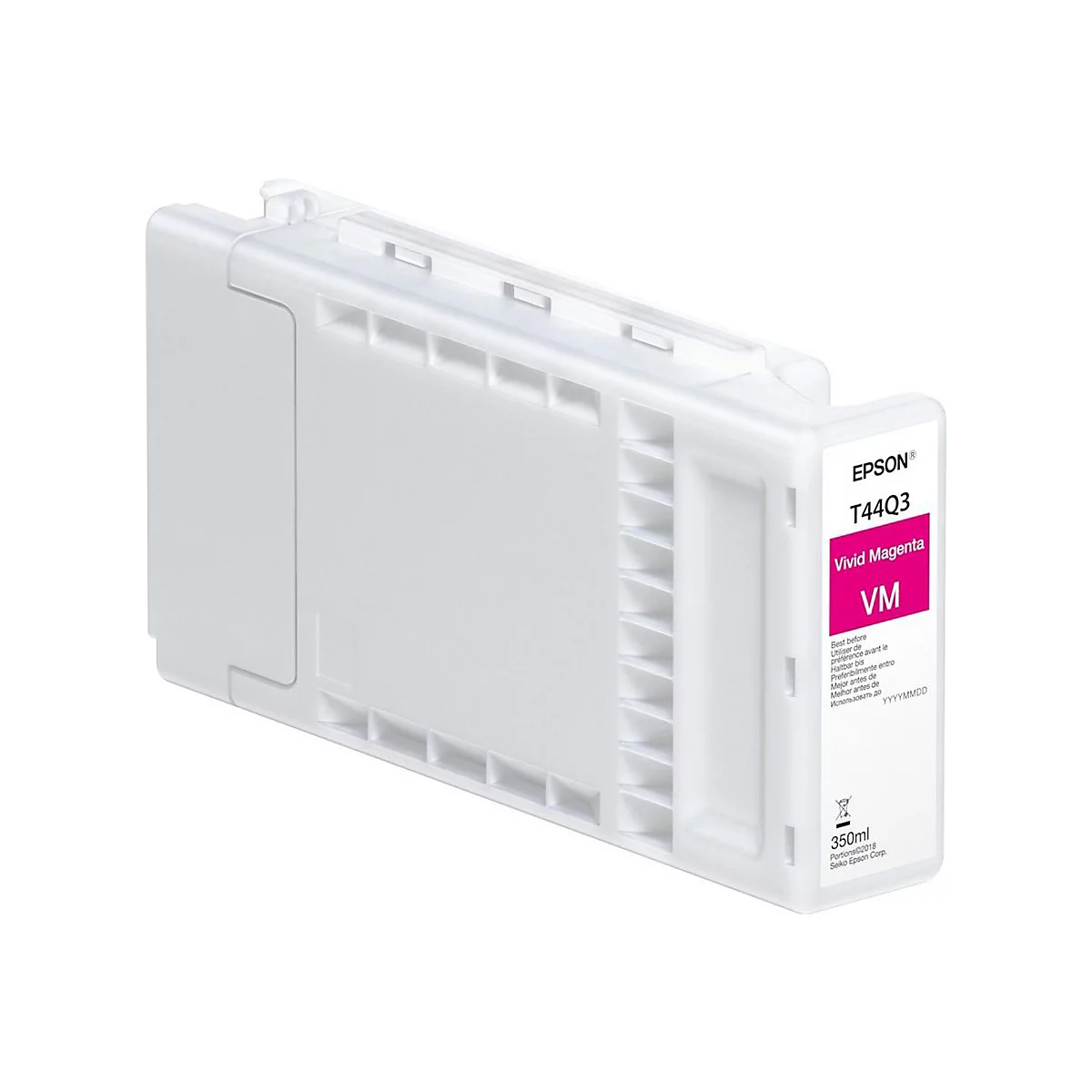 Eine weiße Epson Tintenpatrone mit einem rechteckigen, pinkfarbenen Aufkleber. Aufschrift: Vivid Magenta VM, T44Q3, 350ml.