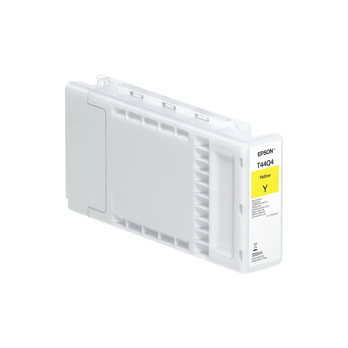 WeiÃŸe Tintenpatrone mit gelbem Etikett mit der Aufschrift Epson T44Q4 Yellow.