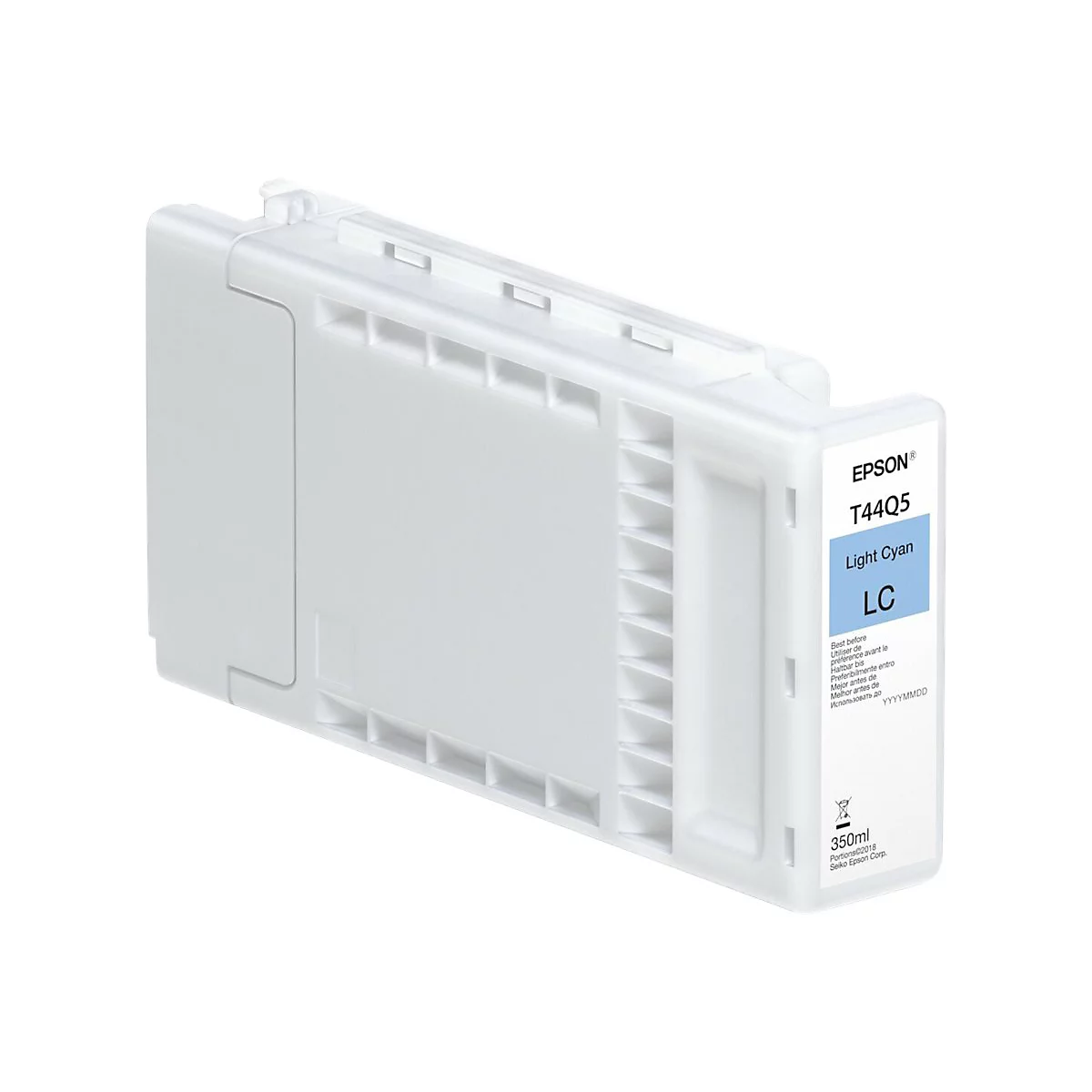 Hellblaue Tintenpatrone von Epson. Aufschrift: Light Cyan, LC, T44Q5, 350ml.