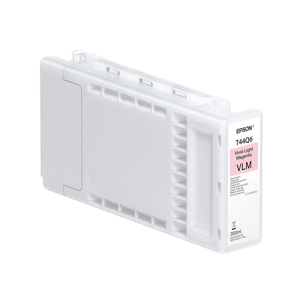 Eine weiße Epson Tintenpatrone mit Aufdruck "Vivid Light Magenta VLM". Auf der Seite befindet sich ein rosa Aufkleber mit weiteren Informationen.