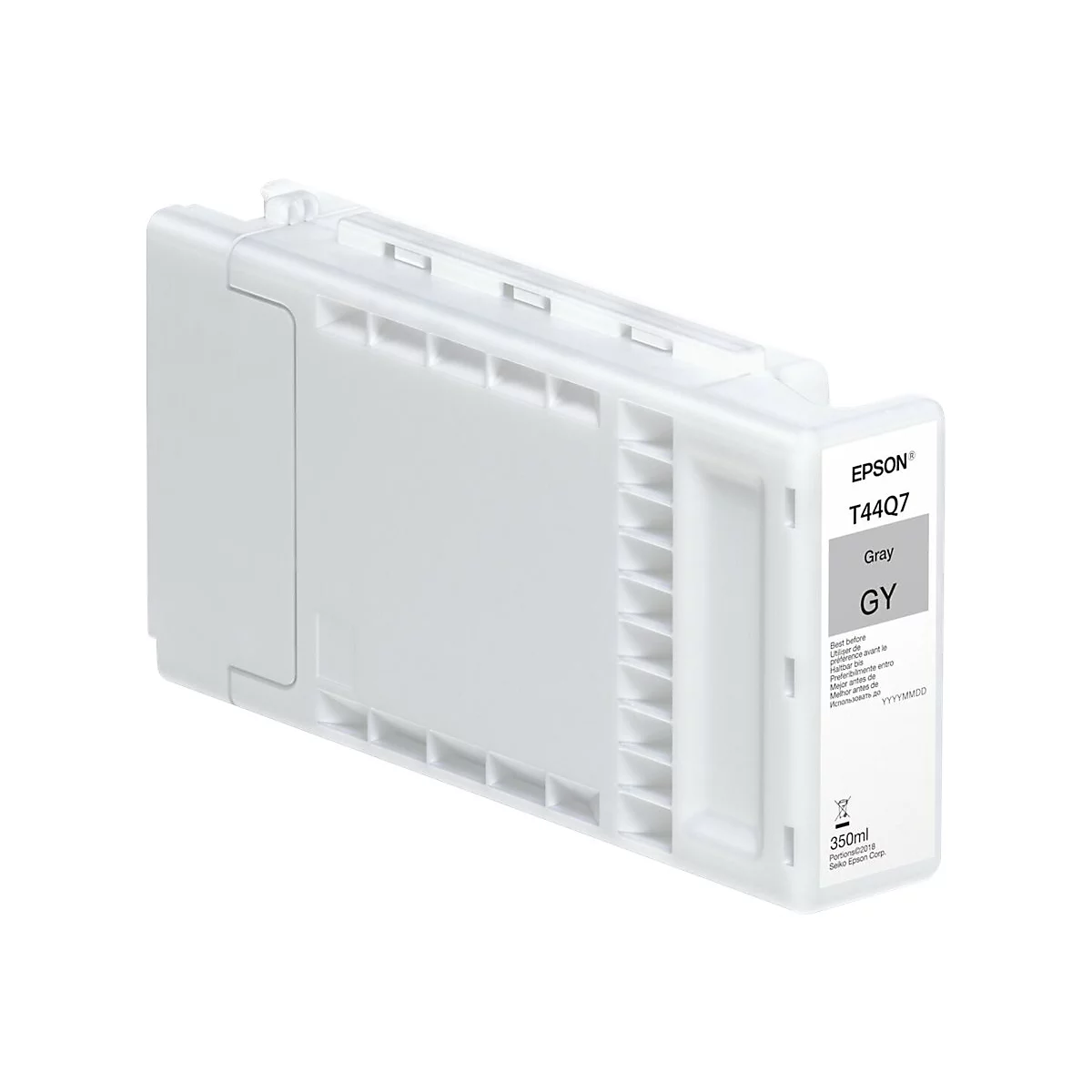 Graue Tintenpatrone von Epson, mit Produktbezeichnung T44Q7 und einer Füllmenge von 350ml.