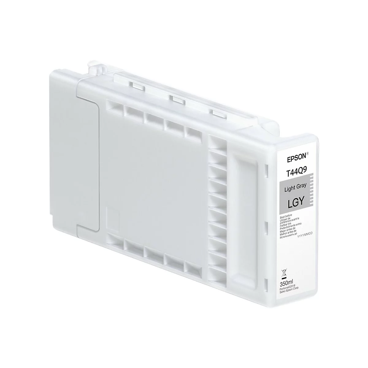 Hellgraue Epson-Tintenpatrone, die den Produktnamen T44Q9 und eine Füllmenge von 350 ml trägt.