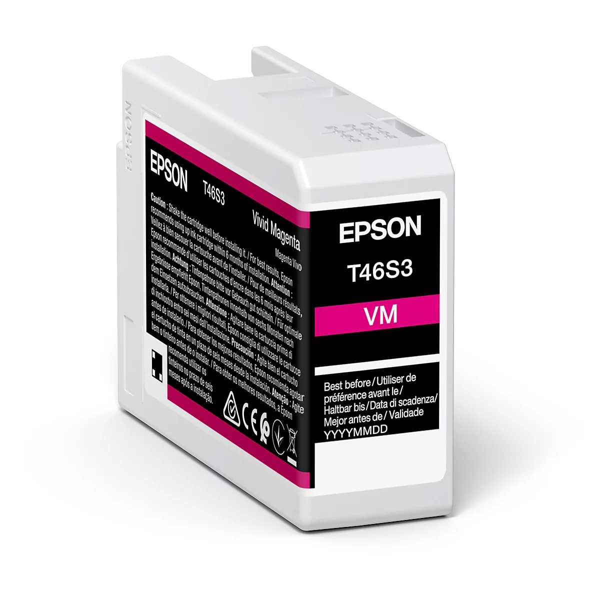 Epson T46S3 Tintenpatrone in Weiß und Magenta. Aufschrift: "Vivid Magenta" und "VM".