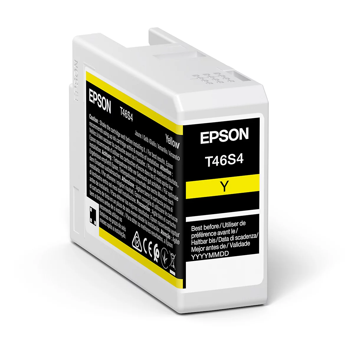Gelbe Epson T46S4 Tintenpatrone, Seitenansicht mit Text und Logos.