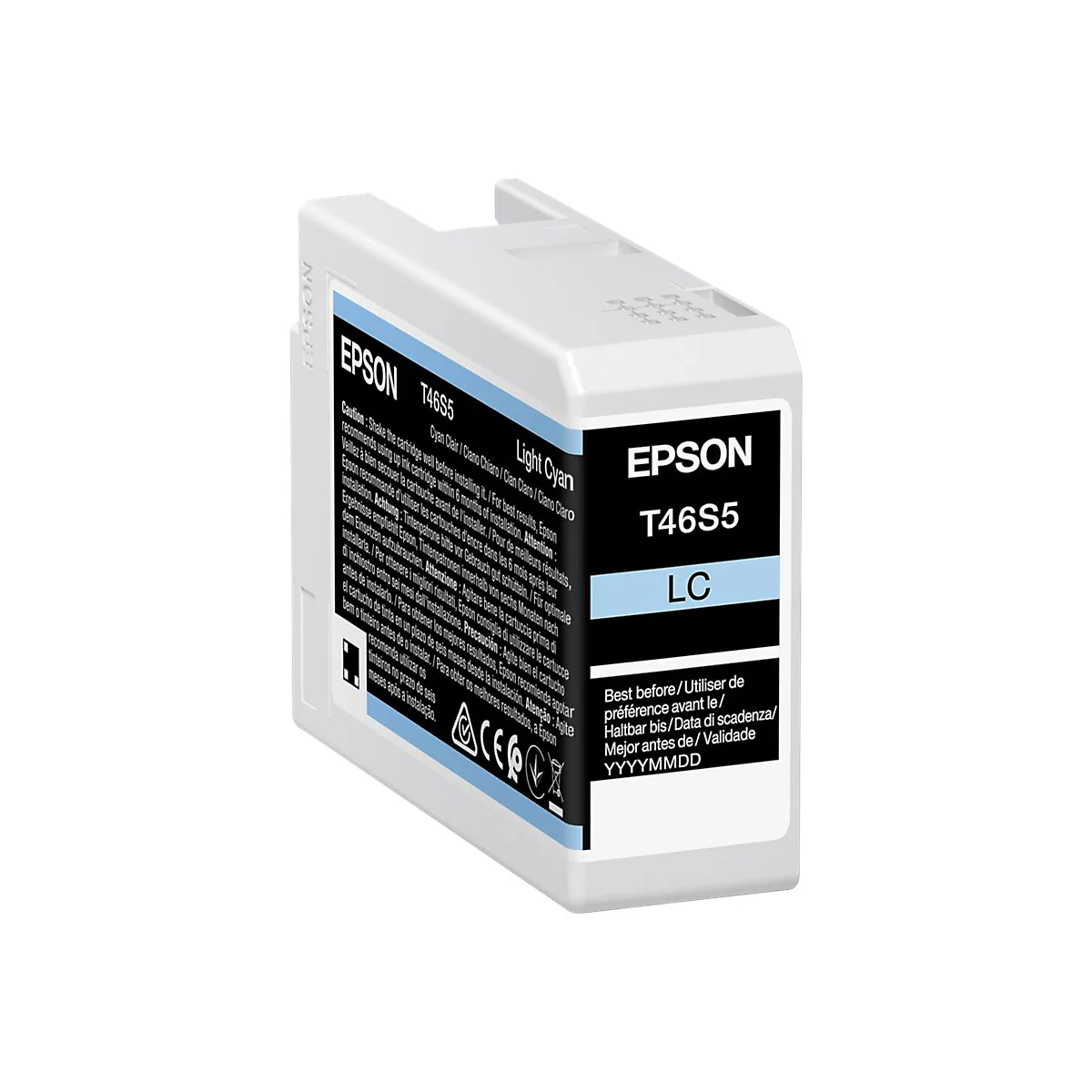 Hellblaue Epson Tintenpatrone, Text: Epson T46S5 LC, Warnhinweise. Mindesthaltbarkeit.