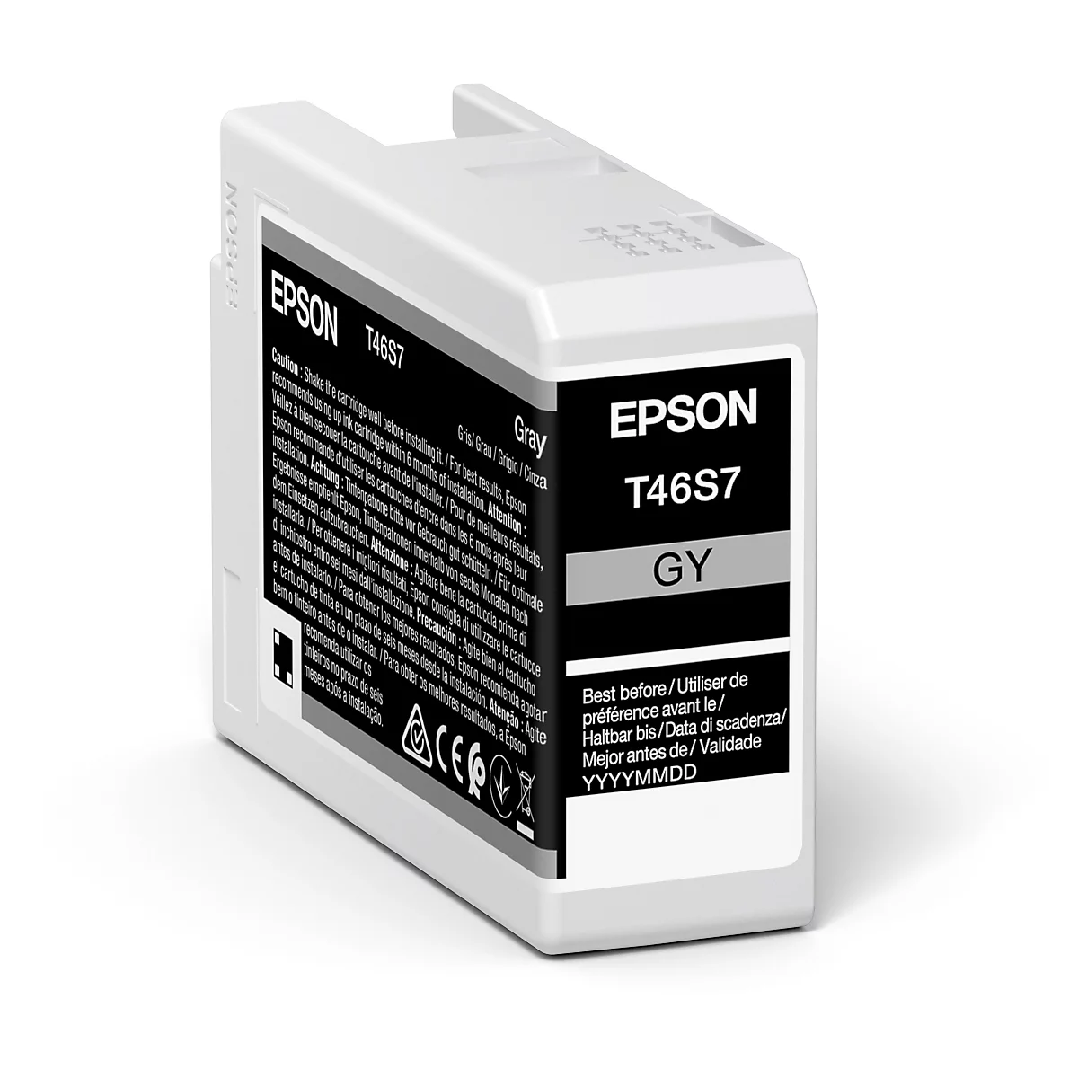 Graue Epson T46S7 Tintenpatrone, seitliche Ansicht, mit Produktbeschriftungen und Haltbarkeitsdatum.