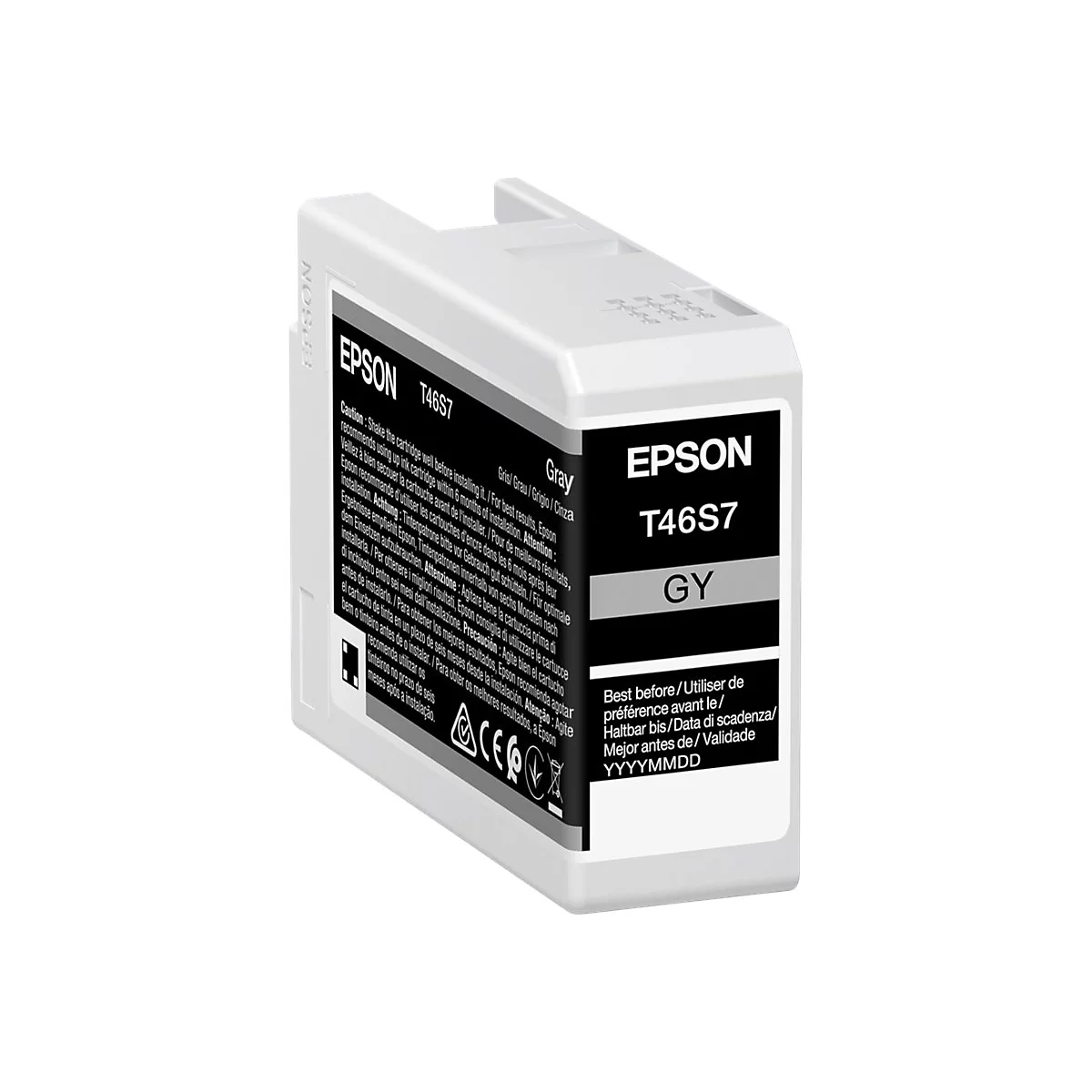Graue Epson T46S7 Tintenpatrone. Aufdrucke mit Warnhinweisen und Ablaufdatum. Das Epson Logo ist prominent.
