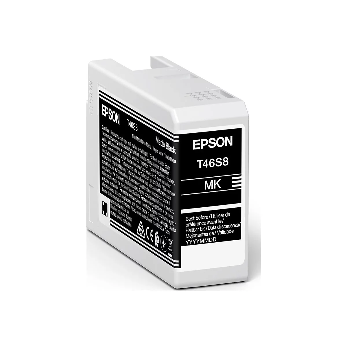 Epson Tinte-Kartusche, schwarz, mit Produktinformationen und Logo.